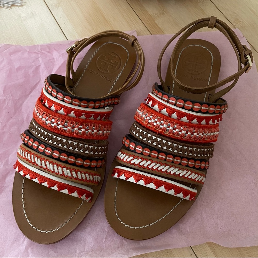Tory Burch Embroidered Leather Sandal